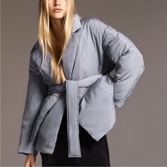 ZARA Padded Blazer Style Jacket with Belt Dusty Blue Quilted Puffer Coat Size XL - Picture 2 of 14